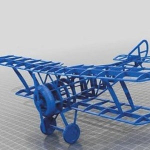 May include: A blue 3D printed model of a biplane aircraft. The model is detailed with a wire frame design and includes a propeller and landing gear.