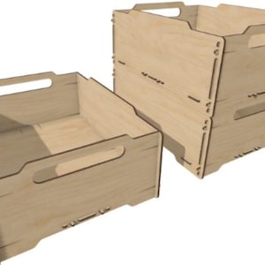 May include: Three wooden storage boxes with handles. The boxes are stacked on top of each other. The boxes are made of light brown wood.