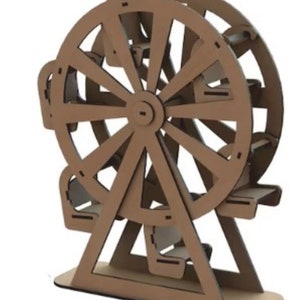 以下が含まれることがあります： 三角形の土台が付いた茶色の段ボール製の観覧車の模型。車輪は8本のスポークと8つの座席があります。