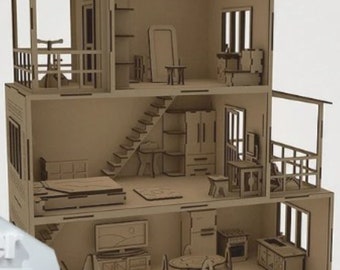 Poppenhuis met meubels. Lasergesneden bestand svg, dxf, cnc plannen, houtbewerking plannen, laser-gesneden project, sjablonen gesneden plan, cnc bestand, decor huis