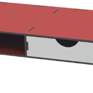 Könnte beinhalten: Roter Schreibtisch-Organizer mit einer Schublade und einem Regal. Die Schublade ist weiß und das Regal ist rot.