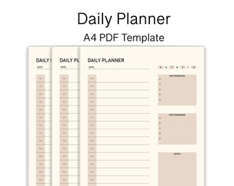 May include: A printable daily planner template in A4 size. The template has three columns for daily planning, with space for notes, top priorities, and tasks for tomorrow.