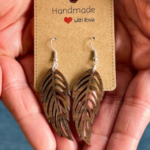 Wood Feather Dangle Earrings, Walnut Wood Earrings, Wooden Earring, Hypoallergenic, Teal Feather Earrings, Boho Chic Jewelry, Music Festival
