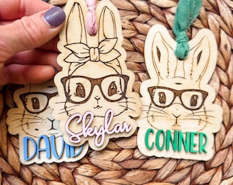 Easter Basket Name Tags, Personalized Easter Basket, Bunny With Glasses Easter Sign, Custom Kids Easter Basket, Wooden Name Tag for Easter