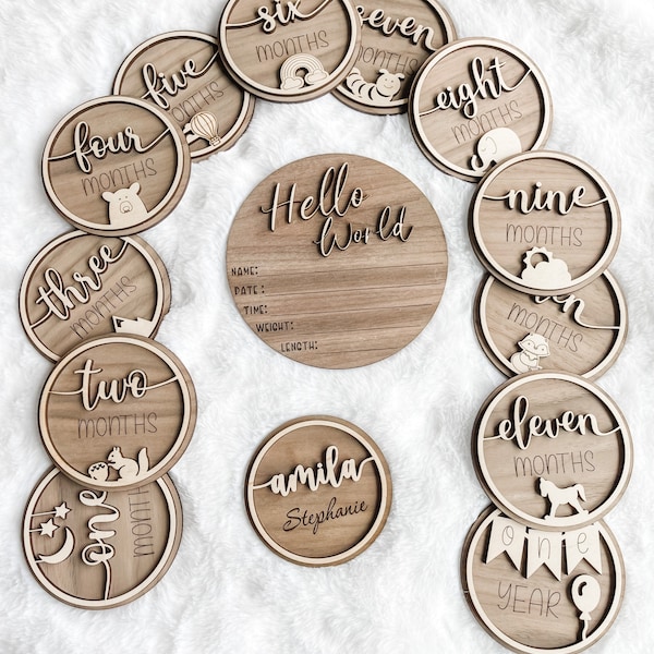 Baby Monthly Milestone, Woodland Animal Baby Decor, 3D Wooden Baby Disc, Milestone Marker, Baby Photo Prop, Hello World Birth Announcement