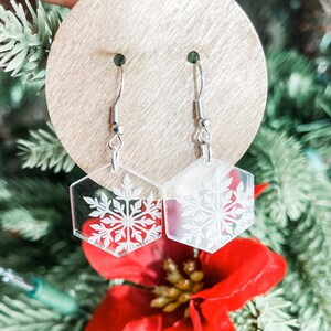 Snowflake Earrings, Glass Snowflake Earrings, Dangle Snowflake Earrings, Rose Gold Snowflake Earrings