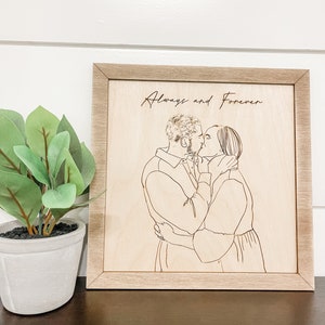 Engraved Photograph, Custom Line Drawing, Traced photograph, Wood Family Portrait, Minimalistic, Wedding Gift, Couple Gift, One Line Drawing