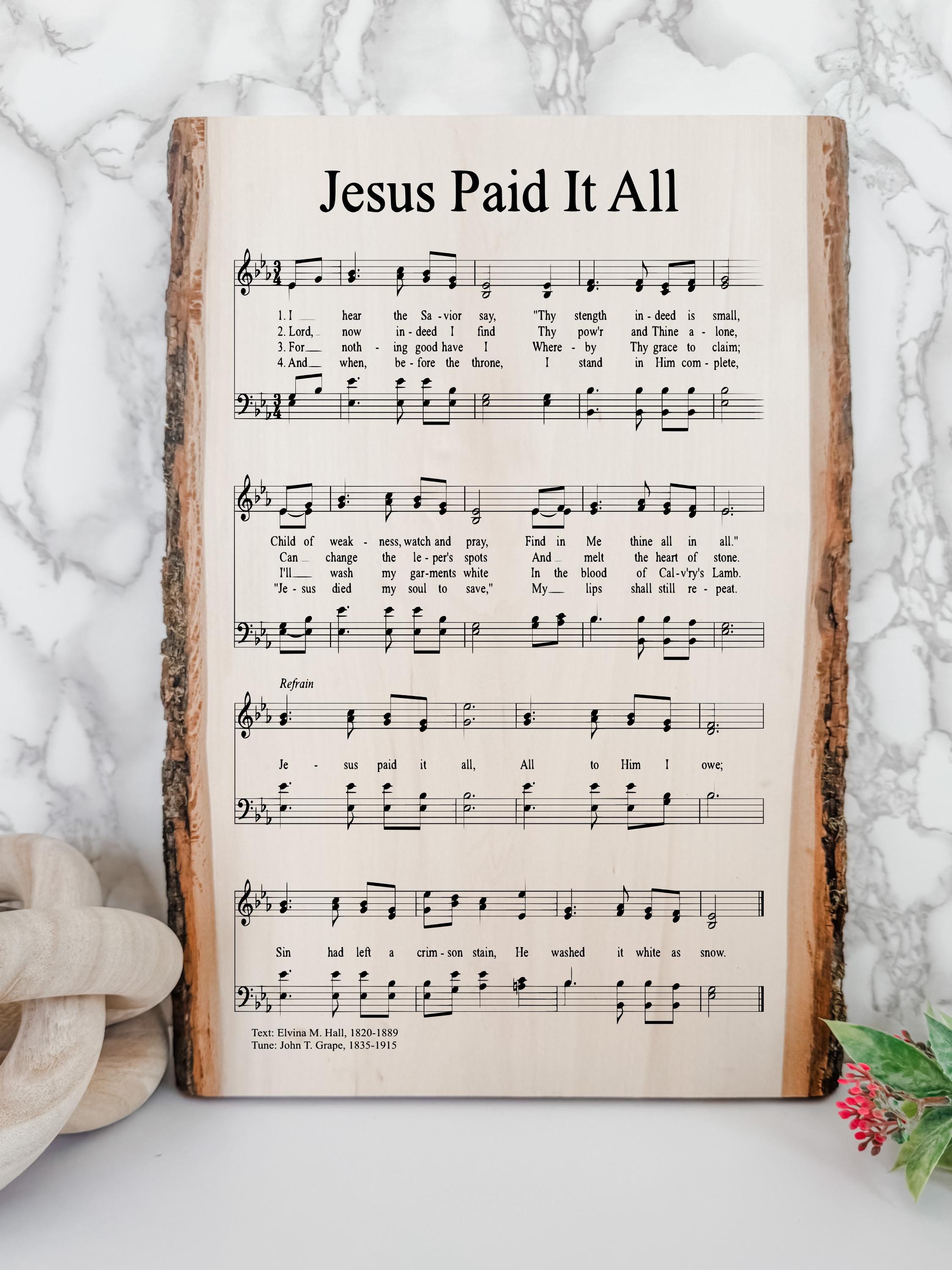 Engraved Hymn, Easter Hymns Wall Decor, Hymn Wall Art, Christian Sheet Music, Jesus Paid It All Wall Art, Faith Based Artwork, Classical