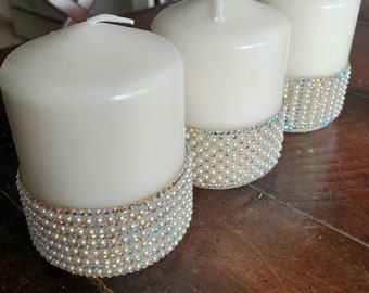 Set of 3 pearl and rinestone candles