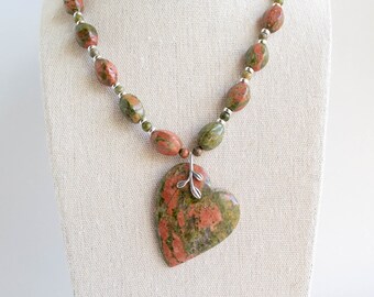 Unakite, Sterling Silver, Heart Pendant Necklace