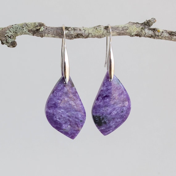 Charoite, Sterling Silver, Petal Shaped, Natural Gemstone Earrings - Main Image