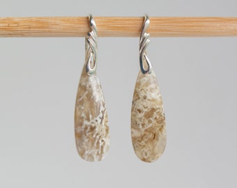 May include: A pair of silver dangle earrings with teardrop-shaped agate stones. The stones are a light brown color with white and gray swirls.