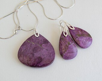 Stichtite, Sterling Silver, Mineral Stone Pendant and Earrings Set