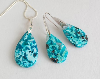 Chrysocolla, Sterling Silver, Teardrop Gemstone Pendant and Earrings Set