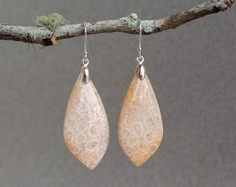 Fossil Coral, Sterling Silver, Petal-Shaped, Leaf-Shaped, Gemstone Earrings