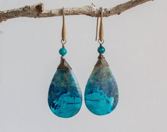 Chrysocolla, Wire Wrap, Teardrop Gemstone Earrings