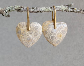 Fossil Coral, Brass, Heart Shaped Gemstone Earrings