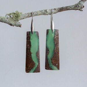 May include: A pair of dangle earrings with green and brown rectangular stones and silver hooks.