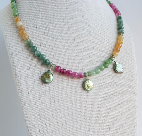 Tourmaline, Pearl, Gemstone Necklace and Earrings Set