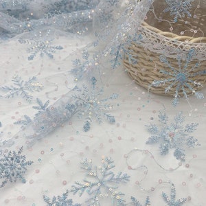 High-quality blue Snowflake Sequin mesh Embroidered fabric dress Ice Queen Elsa's dress Beaded embroidery fabric, snow lace image 1