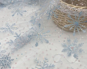 High-quality blue Snowflake Sequin mesh Embroidered fabric dress Ice Queen Elsa's dress Beaded embroidery fabric, snow lace