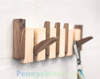 Massief houten wandgemonteerde pianokapstok, deuropeningrek, cadeau voor moeder, Flip Down Wall Hook Rack, handgemaakt opbergrek, housewarming cadeau