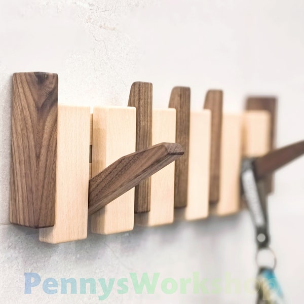 Solid Wood Wall Mounted Piano Coat Rack, doorway rack, gift for mother, Flip Down Wall Hook Rack, handmade storage rack, housewarming gift