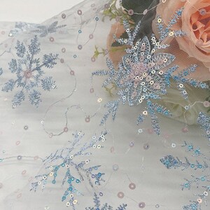 High-quality blue Snowflake Sequin mesh Embroidered fabric dress Ice Queen Elsa's dress Beaded embroidery fabric, snow lace image 3