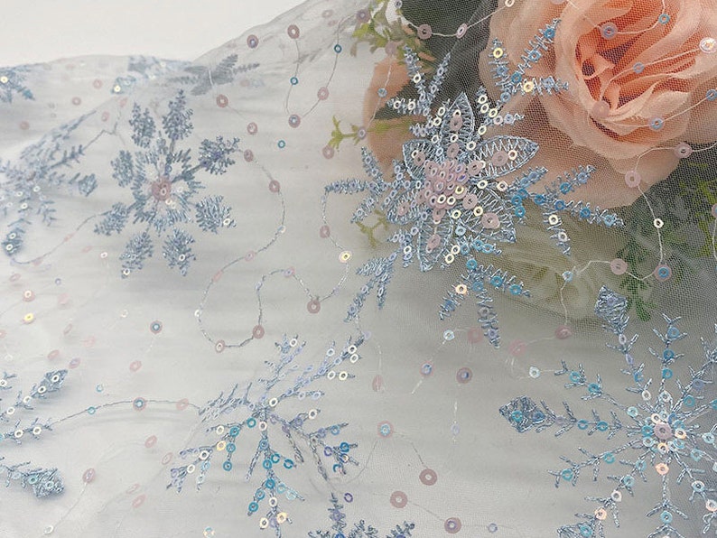 High-quality blue Snowflake Sequin mesh Embroidered fabric dress Ice Queen Elsa's dress Beaded embroidery fabric, snow lace image 3