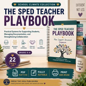 May include: A spiral-bound workbook titled The Sped Teacher Playbook with a tree graphic on the cover. It includes tabs for planning, supports, collaboration, documentation, data, communication, and reflection. The text includes Practical Systems for Supporting Students, Managing Documentation, and Strengthening Collaboration, Grades K-8, and 22 Pages.