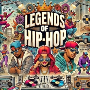 Könnte beinhalten: Eine farbenfrohe Illustration von Hip-Hop-Legenden mit dem Text "Legends of Hip-Hop" in fetten Buchstaben. Das Bild zeigt einen DJ mit einem Plattenspieler, einen Rapper mit einem Mikrofon und eine Gruppe von Menschen, die tanzen.