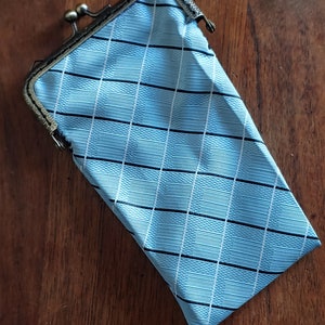 Minimalist Purse - Upcycled blue pattern necktie and gold satin lining with kisslock closure with antique brass finish
