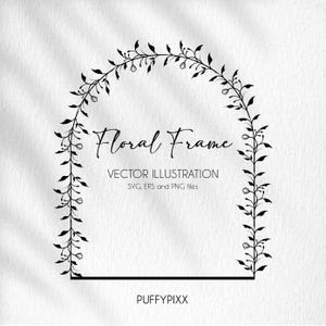 Puede incluir: Ilustración de marco floral en blanco y negro con el texto "Floral Frame" y "VECTOR ILLUSTRATION SVG, EPS and PNG files" y el texto "PUFFYPIXX" en la parte inferior.