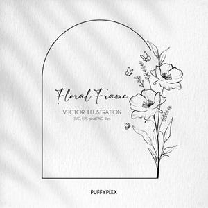 Op de afbeelding: Zwart-wit vectorillustratie van een bloemenframe. Het ontwerp toont een boogvormig frame met delicate lijntekeningen van bloemen en vlinders. Tekst bevat "Floral Frame" en "Vector Illustration".