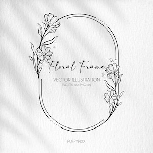Może przedstawiać: Czarno-biała ilustracja kwiatowej ramki. Owalna ramka ozdobiona jest delikatnymi kwiatami i liśćmi. Słowa "Floral Frame" są napisane kursywą, z "Vector Illustration" i informacjami o typie pliku poniżej.