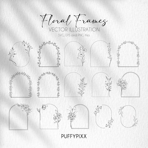 May include: A set of 12 black and white floral frames with different shapes and designs. The frames are perfect for adding a touch of elegance to your projects.  Floral Frames Vector Illustration SVG, EPS and PNG files. PUFFYPIXX