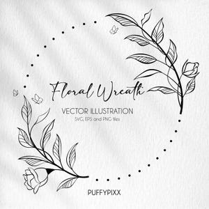 Premium Floral Wreath svg, svg files for cricut, monogram svg, wedding svg, wreath svg, flower line art, wreath clipart, packaging label