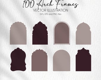 May include: A digital collection of 100 Arch Frames vector illustrations in SVG, EPS, and PNG formats. The image displays eight distinct dark brown and mauve arch shapes arranged in two rows, with the text 100 Arch Frames and PUFFYPIXX.