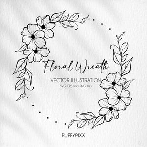 May include: Black and white line art illustration of a floral wreath with the text "Floral Wreath" and "VECTOR ILLUSTRATION SVG, EPS and PNG files" and the signature "PUFFYPIXX".