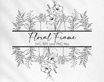 Borde floral svg, marco floral svg, borde de flores svg, monograma dividido svg, monograma floral svg flor silvestre svg, svg dibujado a mano, svg floral