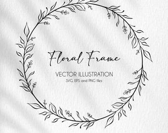 Floral Line Art Wreath SVG: Botanical Wedding Label (PNG, EPS)