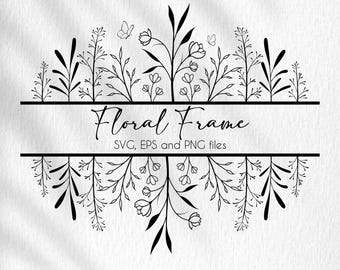 Marco floral SVG: Borde de flores silvestres, monograma dividido (descarga digital)