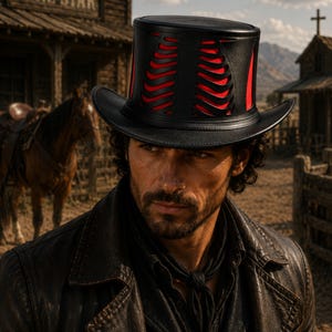 May include: A black top hat featuring a structured leather exterior with cut-out rib-like patterns that reveal a vibrant red underlay. The hat has a wide, slightly curved brim and a flat top, showcasing a bold contrast between the black and red.