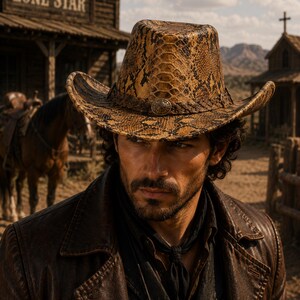 May include: A cowboy hat featuring a textured snakeskin pattern in shades of tan, brown, and black. The hat includes a dark brown braided leather band accented with a circular metallic concho ornament centred at the front of the crown.