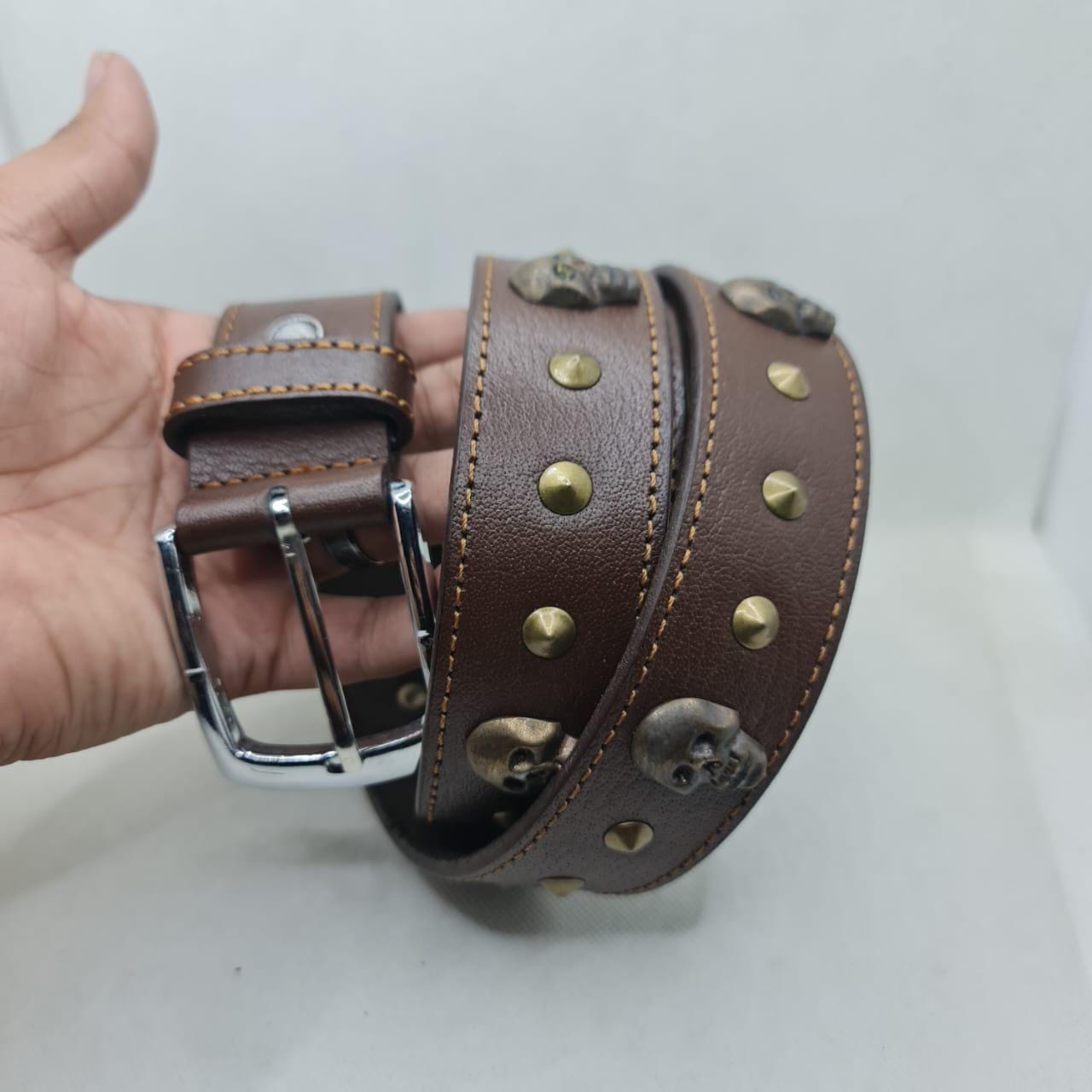Genuine Leather Skull Studded Belt Brown Silver Studs Punk Rock Western Small RSGMU Mens Belt Leather Skull Buckle Belt Waist Band Jeans  main image 4