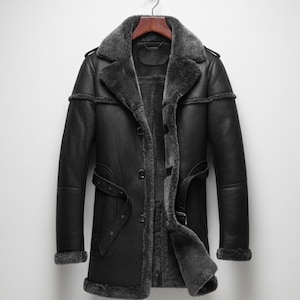 Handmade Black Shearling Coat – Men's Warm Winter Jacket with Gray Fur