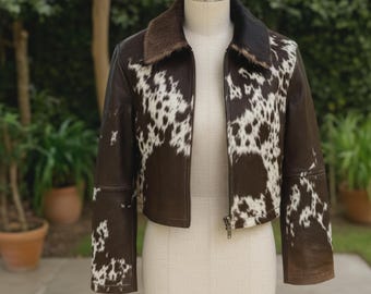 Men Western Cowhide Leather Jacket Brown Pony Hair Cow Print Coat