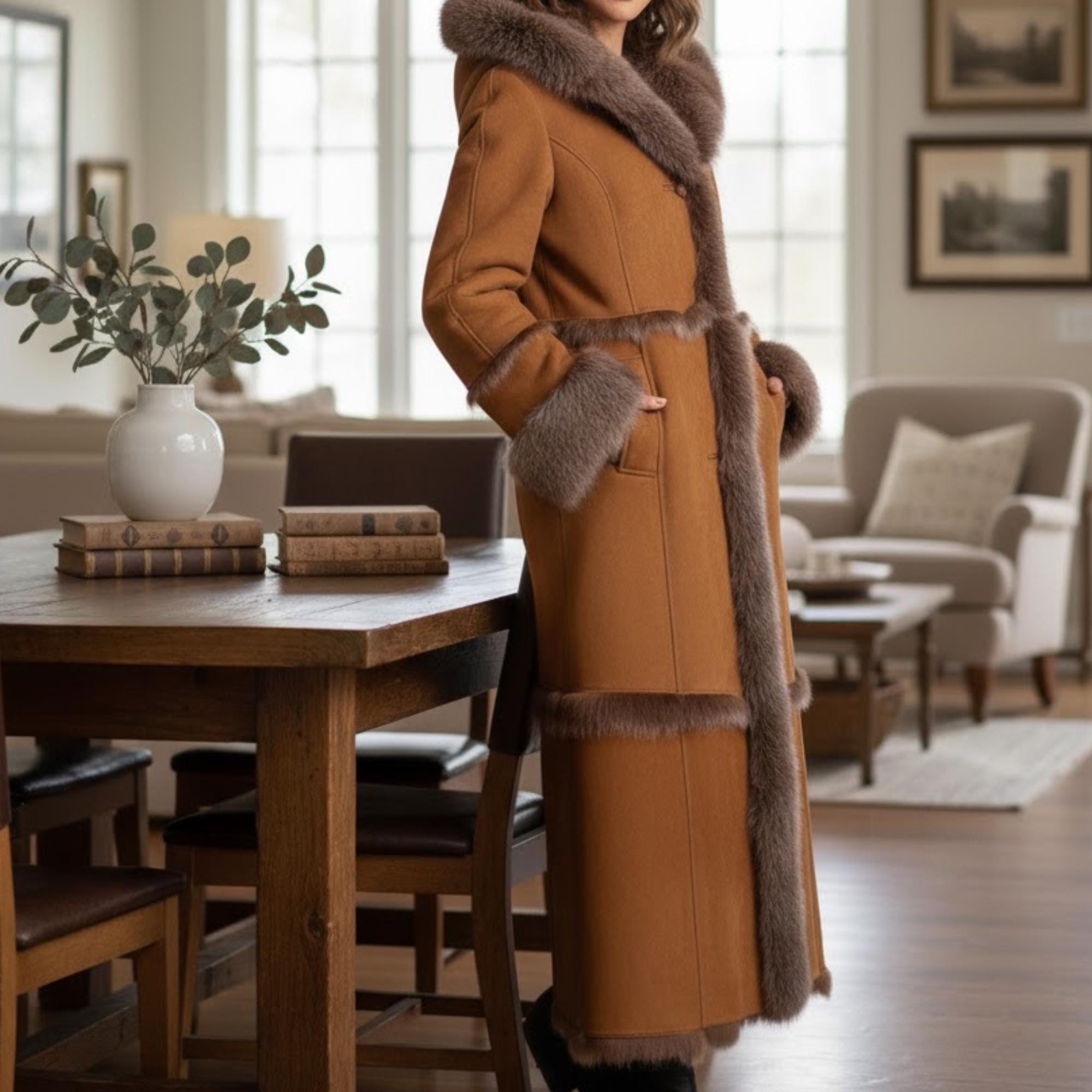 Handmade Brown Shearling Coat – Long Fox Fur Trimmed Winter Warmth