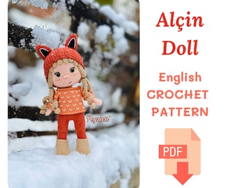 Alcin Doll, girl in fox costume, English pattern, crochet pdf pattern, winter Doll, cute doll