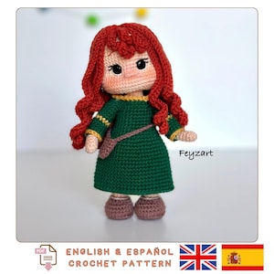 アミグルミ メリダ プリンセス ドール かぎ針編みパターン - ブレイブドール - 英語 + スペイン語 PDF 即時ダウンロード